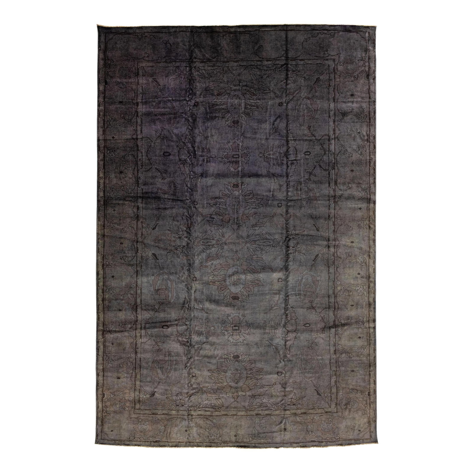 Modern Overdyed Gray Floral Handmade Wool Rug 12'2" x 18'3": Modern Overdyed Gray Floral Handmade Wool Rug 12'2" x 18'3" This stunning modern overdyed wool rug features a beautiful gray field adorned with an all-over floral design in earthy tones. Hand-knotted 