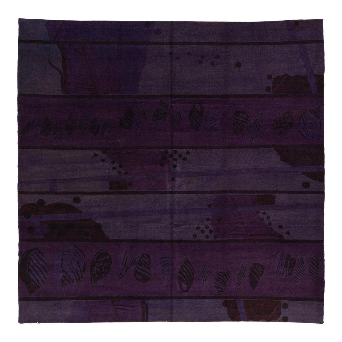8'10" Square Contemporary Tibetan Wool and Silk Rug in Amethyst and Slate Tones: 8'10" Square Contemporary Tibetan Wool and Silk Rug in Amethyst and Slate Tones This contemporary Tibetan rug showcases a bold interplay of textures and colors, featuring deep amethyst, royal purple, 