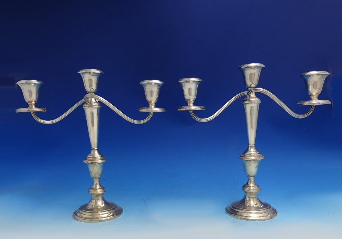 Gorham Old French Sterling Silver 3-Light Candlestick Pair #808/1: Gorham Old French Sterling Silver 3-Light Candlestick Pair #808/1 This elegant pair of Old French candlesticks by Gorham features a classic design that evokes the charm of Parisian cafes. Crafted from