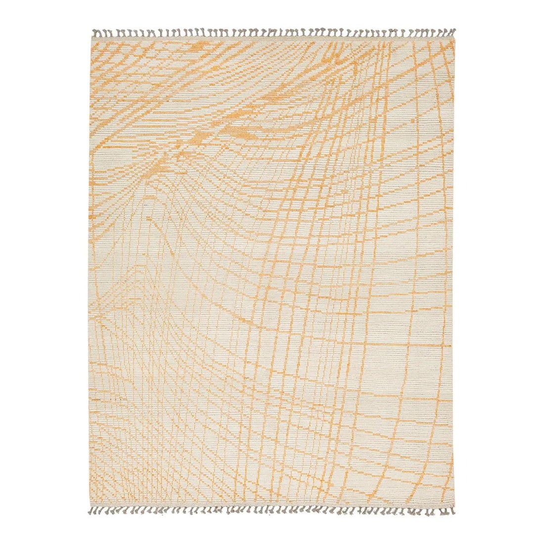 8'1 x 10'5 Wool Area Rug Abstract Orange Grid on Beige: 8'1 x 10'5 Wool Area Rug Abstract Orange Grid on Beige This handmade modern Moroccan-style rug features a flowing grid of orange lines on a soft beige wool background, creating an abstract and topogra
