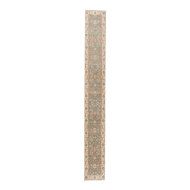 Handmade Modern Oushak Wool Runner Green Tribal Design 2'5 x 19'8: Handmade Modern Oushak Wool Runner Green Tribal Design 2'5 x 19'8 This stunning modern Oushak Style hand-knotted wool runner features a vibrant green field adorned with peach, beige, and tan accents i