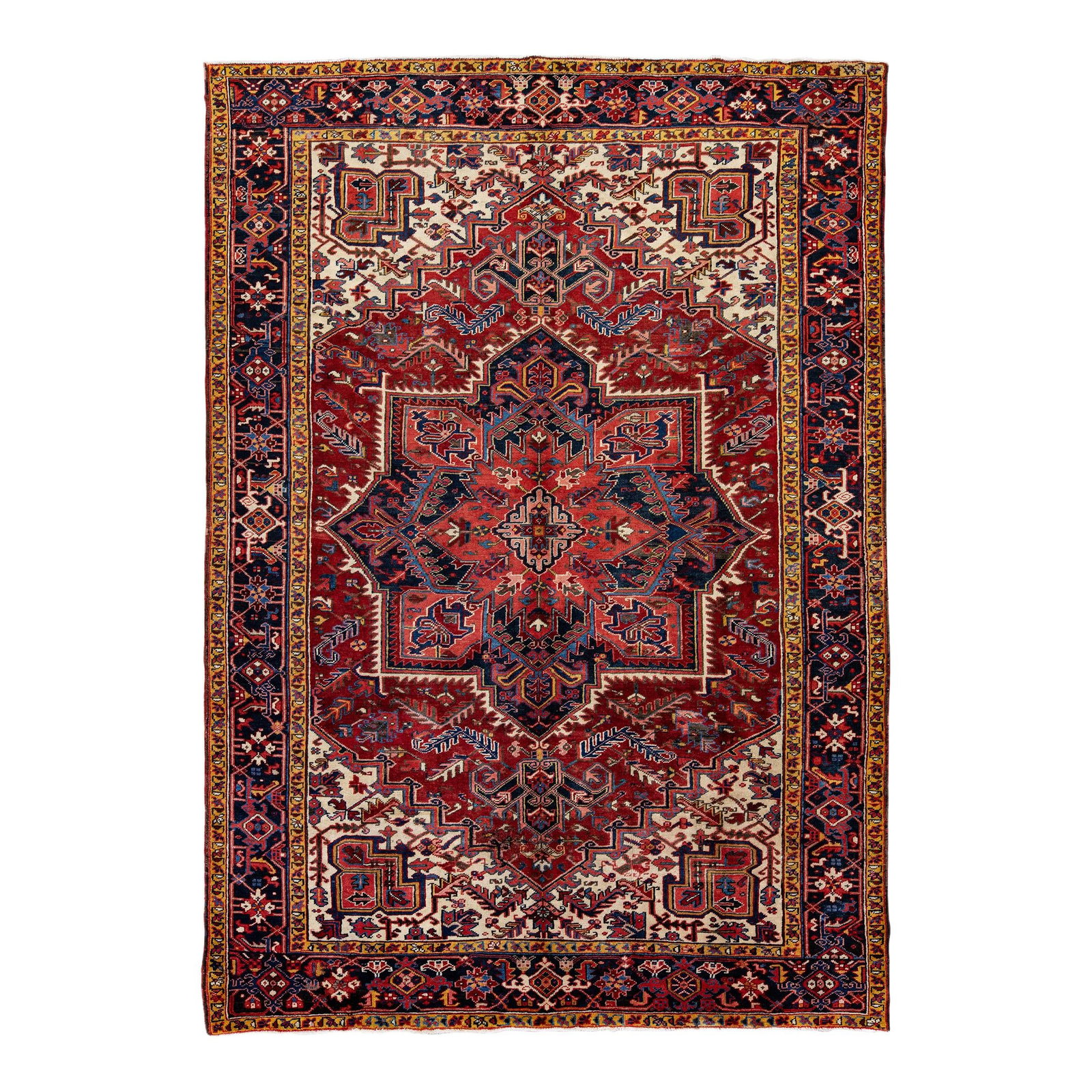 Vintage Handmade Heriz Red Medallion Wool Rug 7'10 X 11'3: Vintage Handmade Heriz Red Medallion Wool Rug 7'10 X 11'3 Discover the elegance of this Vintage Handmade Heriz Wool Rug, featuring a stunning red field adorned with a multicolor medallion design. This