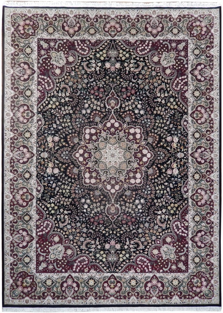 8.9 x 12 Fine Handmade Wool and Silk Black Rug: 8.9 x 12 Fine Handmade Wool and Silk Black Rug Free continental US Shipping A fine handmade rug in black, hand-knotted from premium wool and natural silk. It features a striking black field with lumin