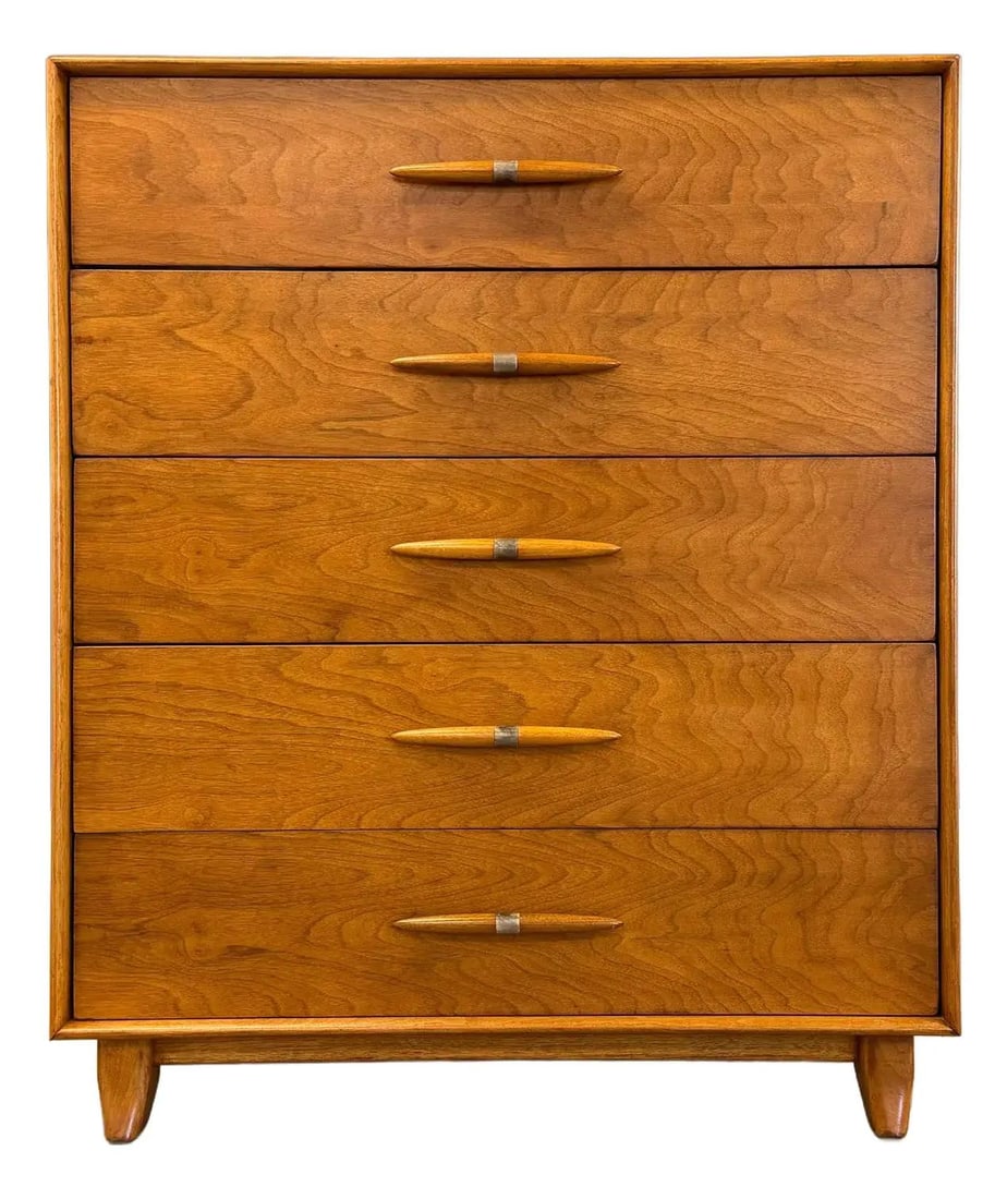 Mid Century Modern Walnut Tall Dresser Robsjohn Gibbings Style: Mid Century Modern Walnut Tall Dresser Robsjohn Gibbings Style This stunning mid-century modern tall dresser showcases a walnut finish, designed in the style reminiscent of Robsjohn Gibbings for Widdi