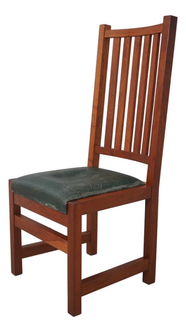 Studio Crafted Cherry Side Chair with Green Leather Seat: Studio Crafted Cherry Side Chair with Green Leather Seat This studio crafted side chair, dating to around 1997, features high-quality, bench-made construction with hand-crafted details. The chair is m