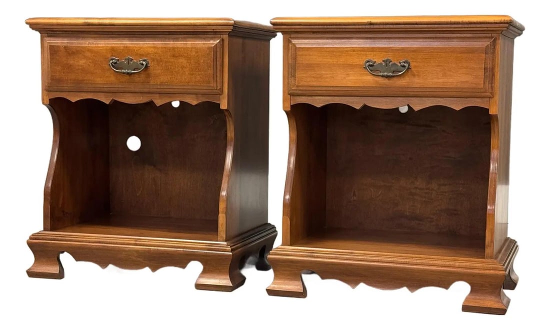 Pair of Solid Maple Nightstands by Sweat Commings: Pair of Solid Maple Nightstands by Sweat Commings This elegant pair of solid maple nightstands features a single drawer and a convenient lower shelf, complemented by stylish brass pulls. Crafted by Sw