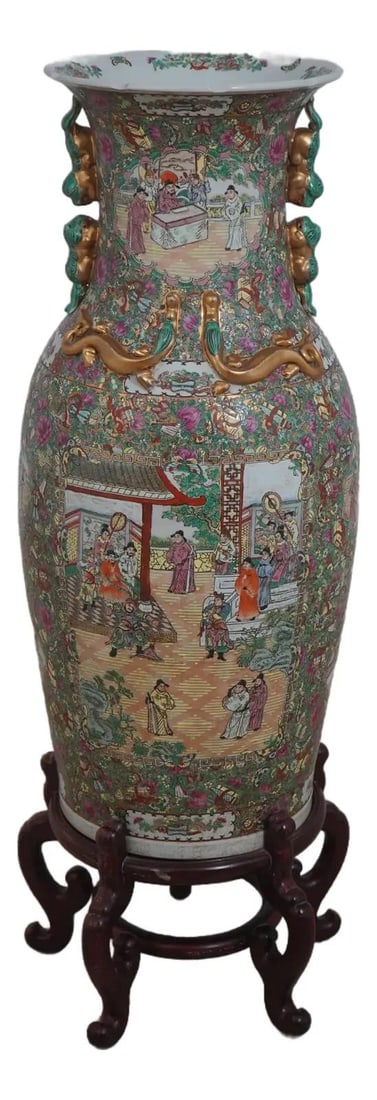 37 Inch Chinese Porcelain Rose Medallion Vase on Stand (1 of 10)