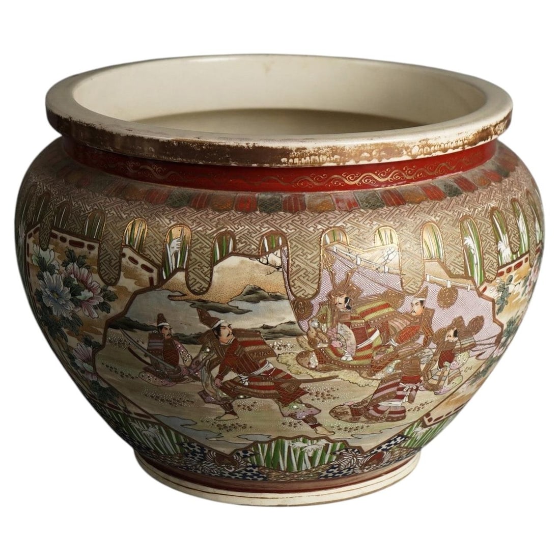 c1920 Japanese Satsuma ceramic floor urn with figural landscape scene: c1920 Japanese Satsuma ceramic floor urn with figural landscape scene Antique Japanese Satsuma pottery floor urn featuring an exterior landscape scene with figures. The piece dates to circa 1920 and i