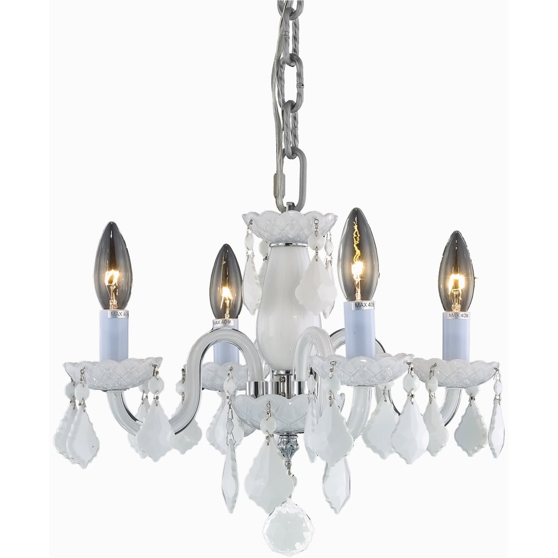 Elegant Lighting Rococo White Crystal 4 Light Chandelier: Elegant Lighting Rococo White Crystal 4 Light Chandelier This white crystal pendant chandelier features a modern Venetian-inspired design, ideal for dining rooms, living rooms, bedrooms, hallways, foy