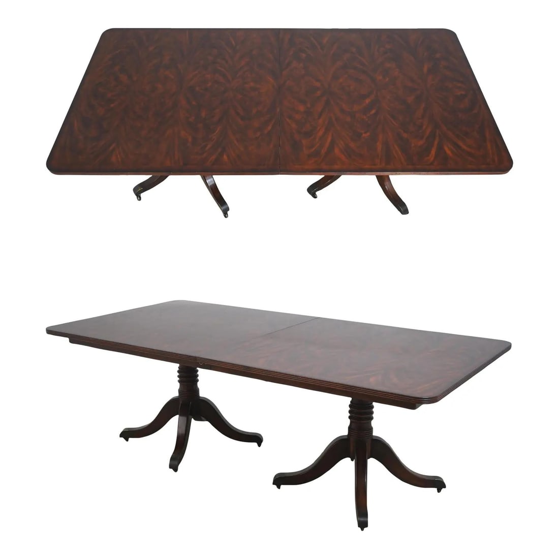 Mahogany Dining Table Double Pedestal Duncan Phyfe Style 88w x 44d x 30h: Mahogany Dining Table Double Pedestal Duncan Phyfe Style 88w x 44d x 30h Double pedestal mahogany dining table in traditional Duncan Phyfe style with a figural mahogany top and inlay work throughout. 