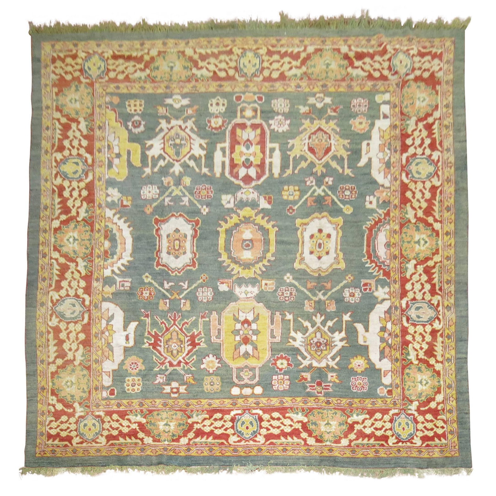 Mid Century Turkish Wool Hand Knotted Oushak Rug: Mid Century Turkish Wool Hand Knotted Oushak Rug This is a one-of-a-kind, hand-knotted Turkish Oushak rug featuring a square shape and crafted from 100% vegetable dyed wool. Displaying the classic Sul