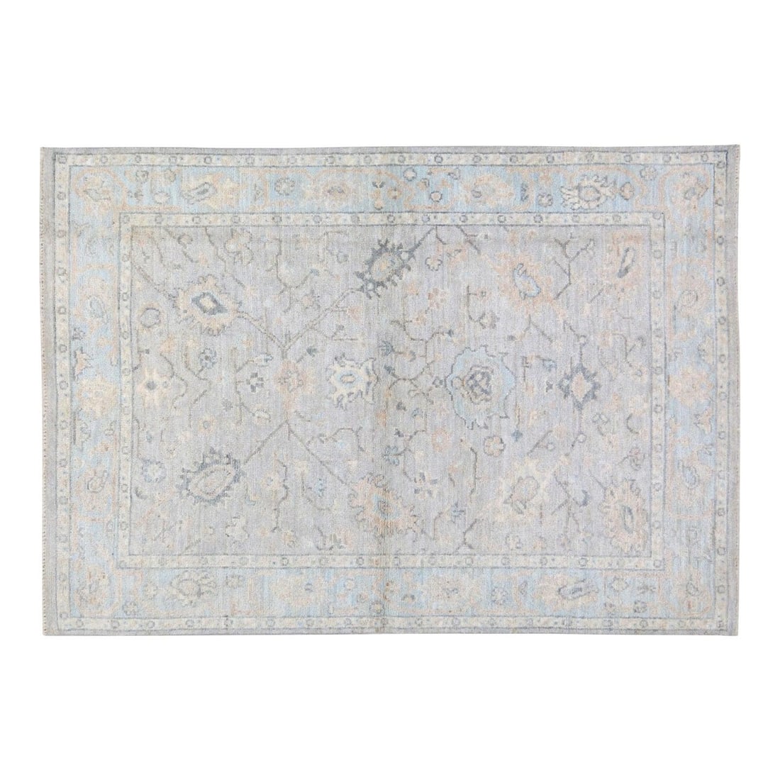 5'x7'1" Wool Area Rug Hand Knotted Oushak Style: 5'x7'1" Wool Area Rug Hand Knotted Oushak Style This Oushak hand-knotted rug showcases traditional craftsmanship paired with a modern design approach. Crafted from wool, it features a soft and durable