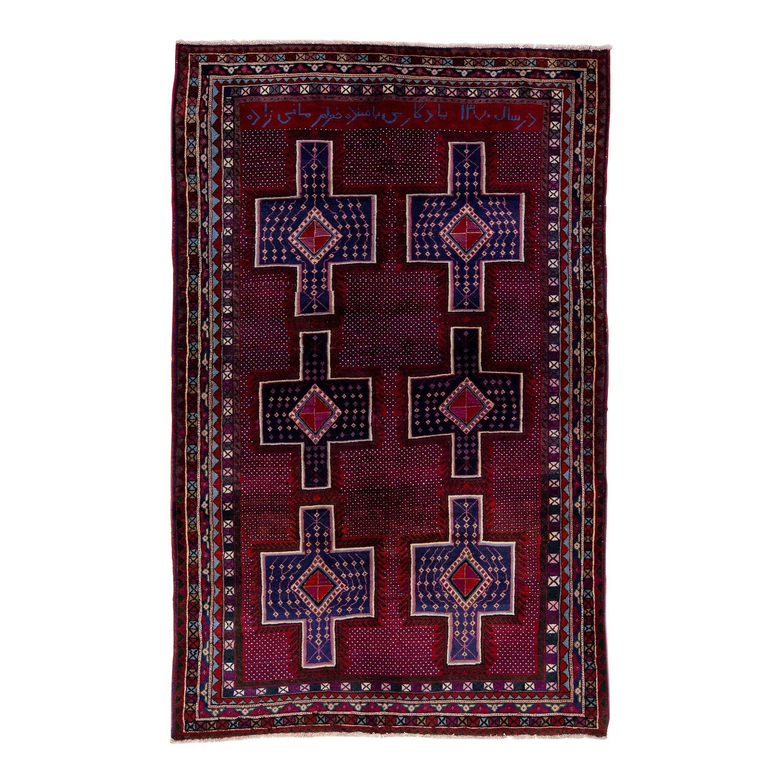 Vintage Persian Shiraz Handmade Red Geometric Wool Rug 4'9 x 7'8: Vintage Persian Shiraz Handmade Red Geometric Wool Rug 4'9 x 7'8 Enhance your space with this stunning 1960s vintage Persian Shiraz hand-knotted wool rug, featuring a vibrant red color field. The rug 