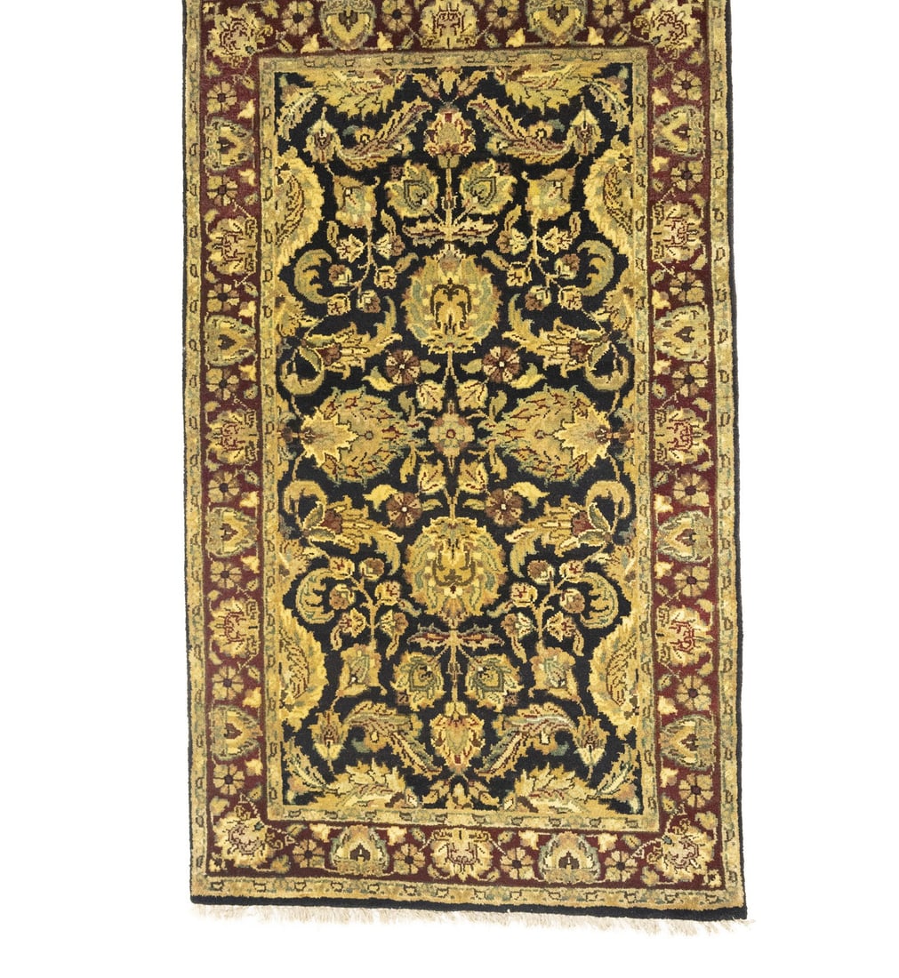 Hand-Knotted Wool Floral Agra Jaipur Rug 2'11 x 5'0 Entryway Carpet: Hand-Knotted Wool Floral Agra Jaipur Rug 2'11 x 5'0 Entryway Carpet This handmade Agra Jaipur area rug features a floral pattern in shades of black, maroon, red, golden, beige, brown, and gray. Crafte