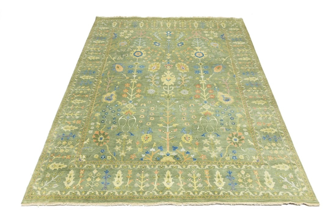 Handmade Olive Green Tree of Life Wool Area Rug 8x10 ft: Handmade Olive Green Tree of Life Wool Area Rug 8x10 ft Enhance your living space with this exquisite Handmade Tree of Life Oriental Rug. Featuring a stunning color palette of olive green, golden beig
