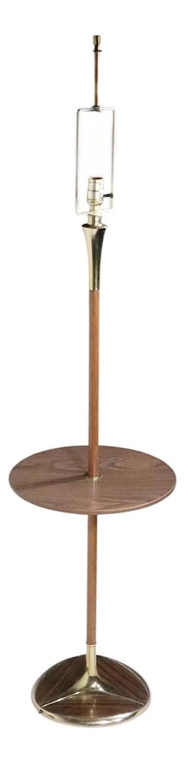 Mid Century Floor Lamp with Table by Laurel Lamp Co 1950s 1960s: Mid Century Floor Lamp with Table by Laurel Lamp Co 1950s 1960s This exceptional mid-century floor lamp with an integrated center table features an organic-shaped base accented with faux wood panels. 