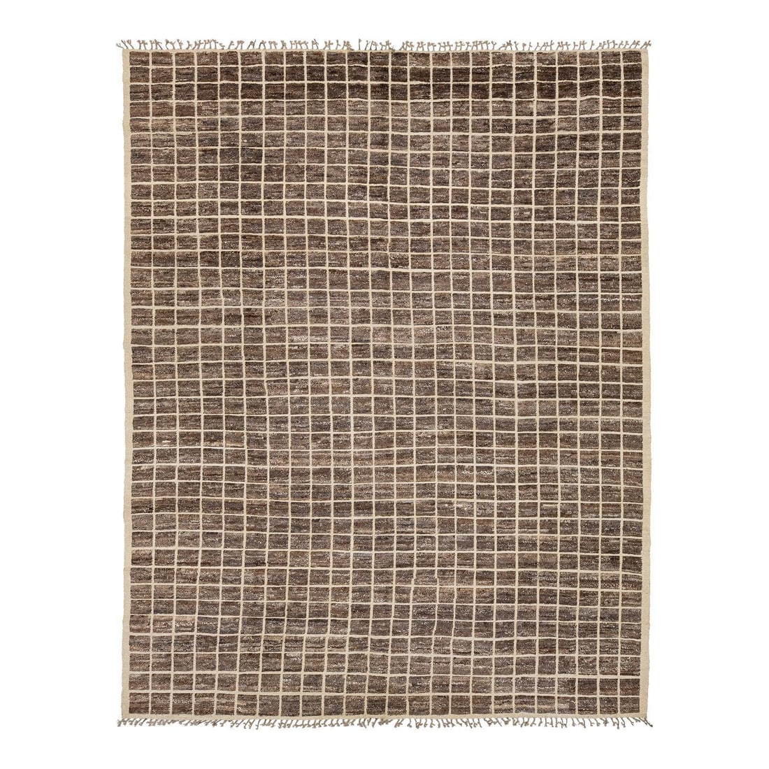 Hand-knotted wool Moroccan grid area rug 12'3 x 15'8: Hand-knotted wool Moroccan grid area rug 12'3 x 15'8 This hand-knotted wool area rug features a modern interpretation of traditional Moroccan Beni Ourain motifs with a clean grid design. Showcasing ea