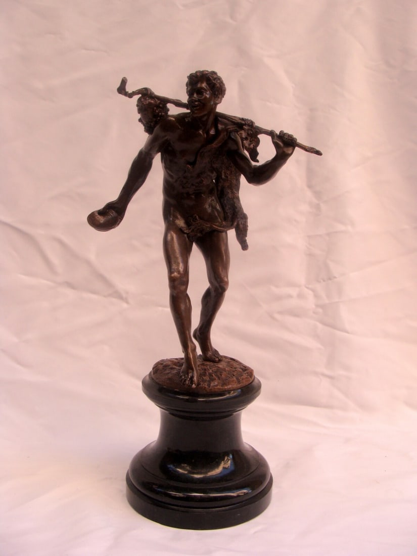 19th Century G. Roth Bronze Sculpture Tanzender Satyr on Marble Base: 19th Century G. Roth Bronze Sculpture Tanzender Satyr on Marble Base This exquisite 19th century sculpture, crafted by the renowned German artist G. Roth in 1885, is titled 'Tanzender Satyr'. The piec