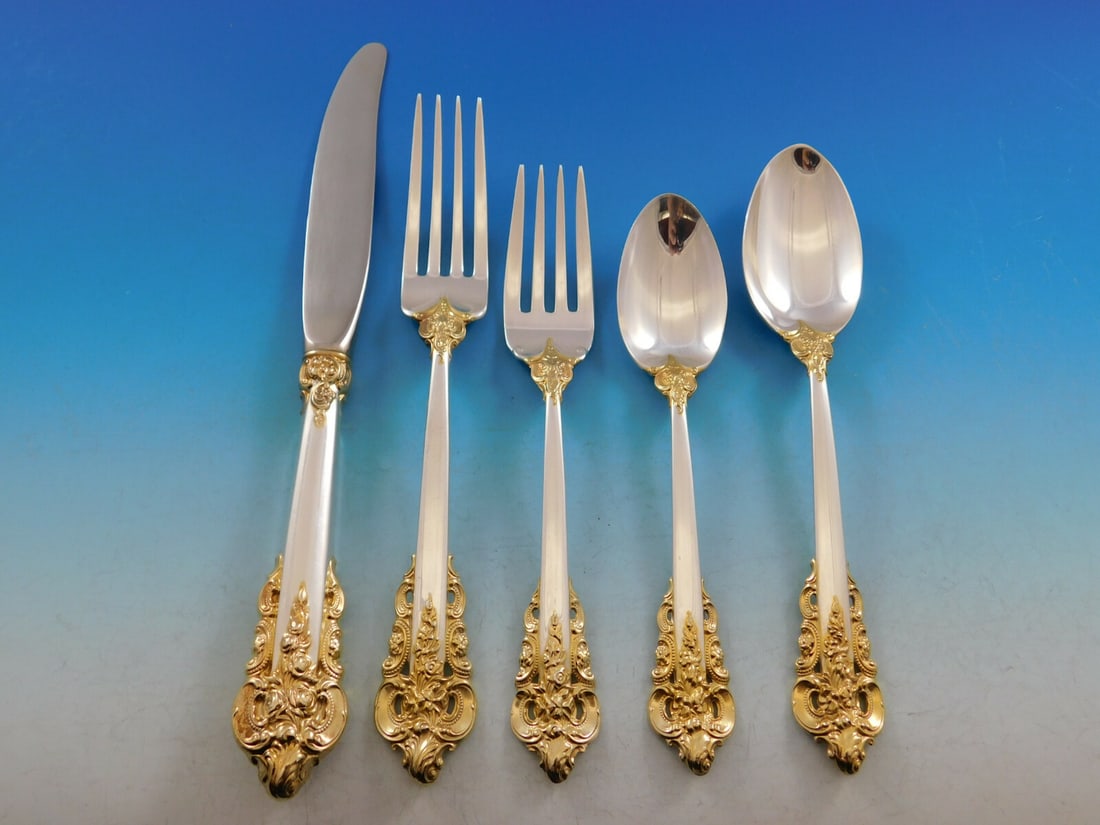 Wallace Grande Baroque Sterling Silver Flatware Set for 8 45 pcs Gold Accent (1 of 10)