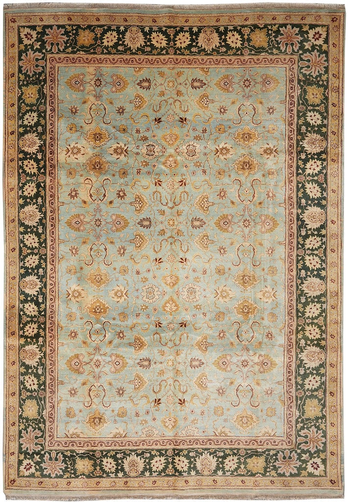 Handmade Agra Area Rug 10 x 14 Aqua Blue Green Border Wool (1 of 11)