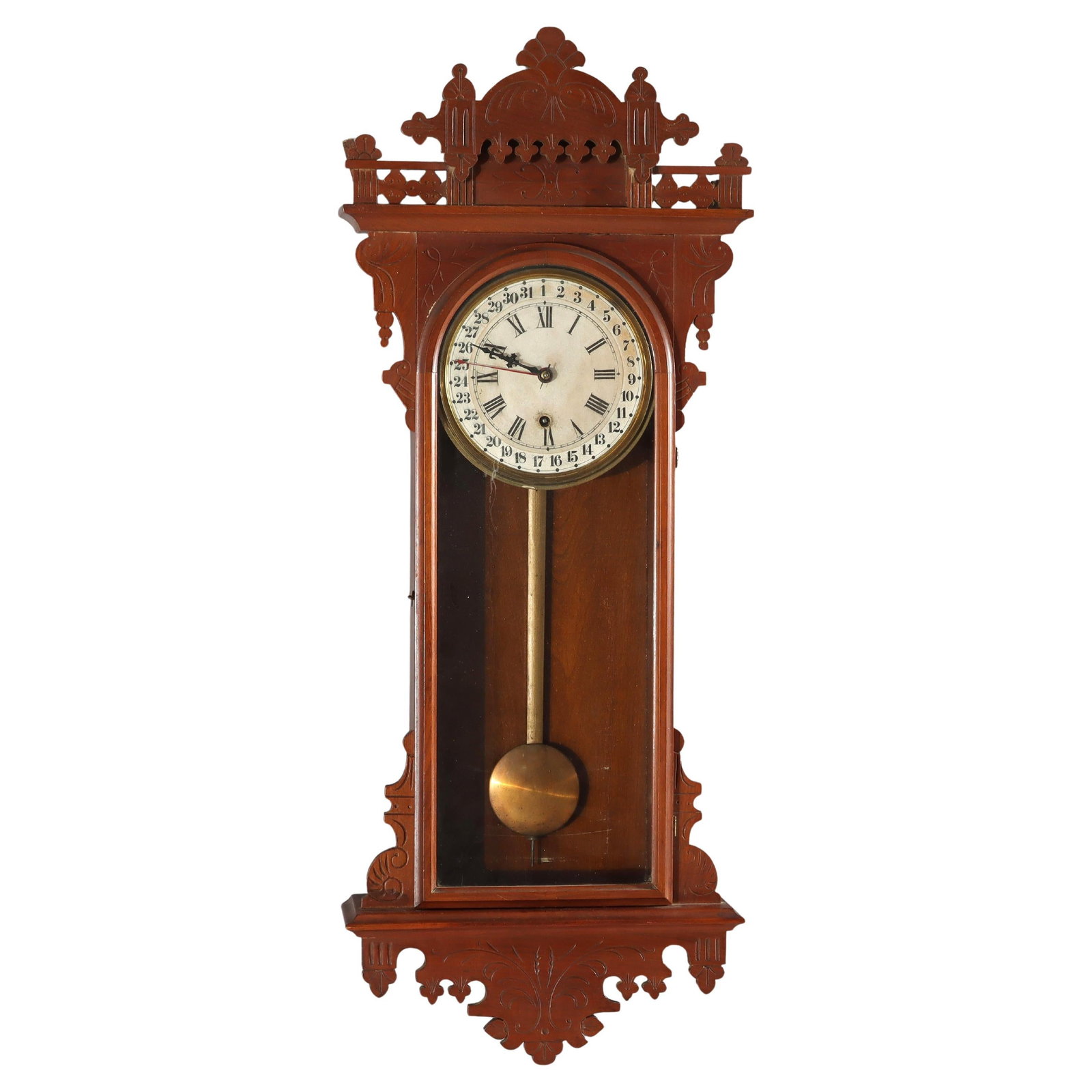Victorian Walnut Wall Calendar Clock with Chip Carved Detail circa 1890 (1 of 16)