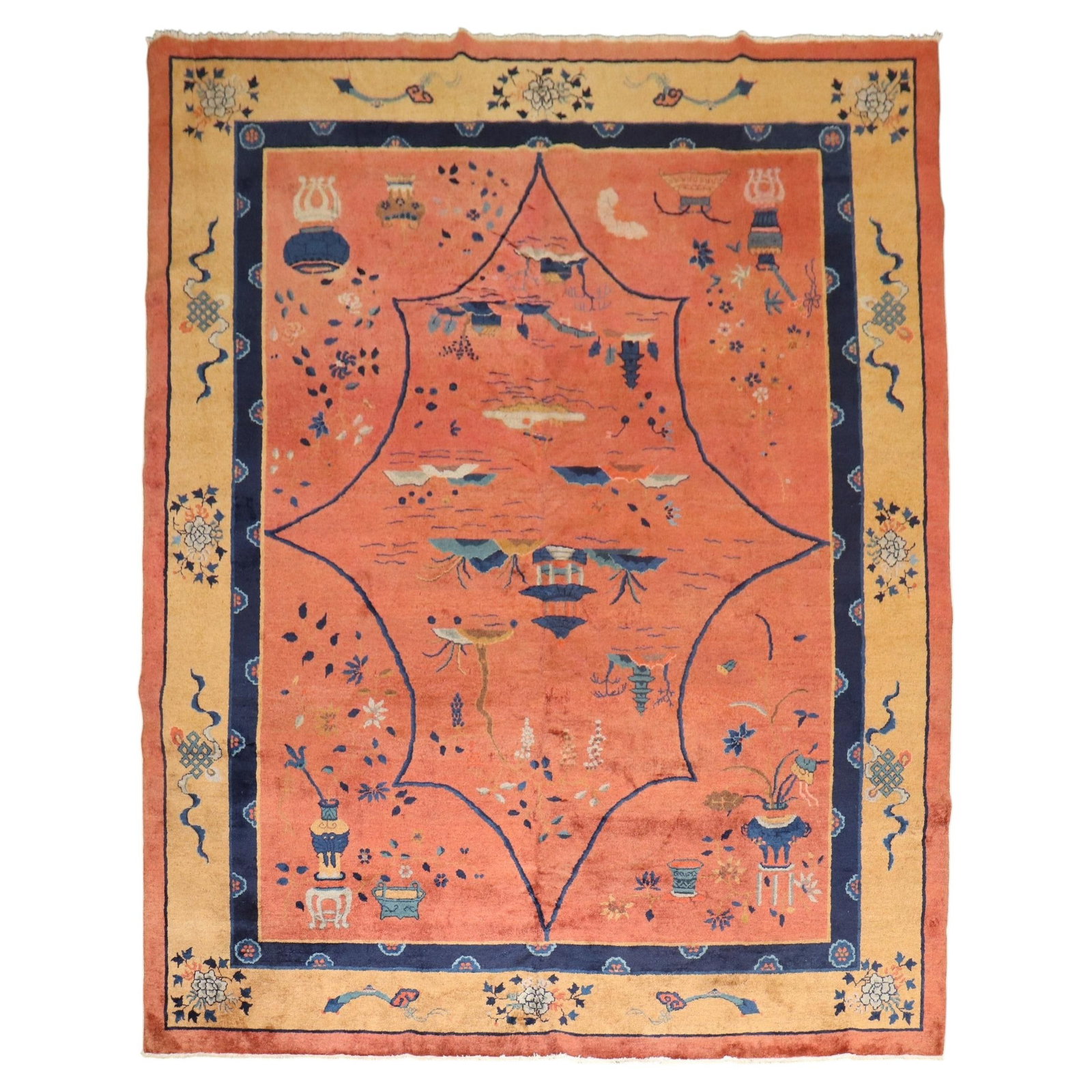 Chinese Art Deco Hand Knotted Wool Rug 9' x 11'7": Chinese Art Deco Hand Knotted Wool Rug 9' x 11'7" This early 20th-century Chinese Art Deco rug features a captivating design and generous room size. Crafted in the Chinese Chippendale style, it is han