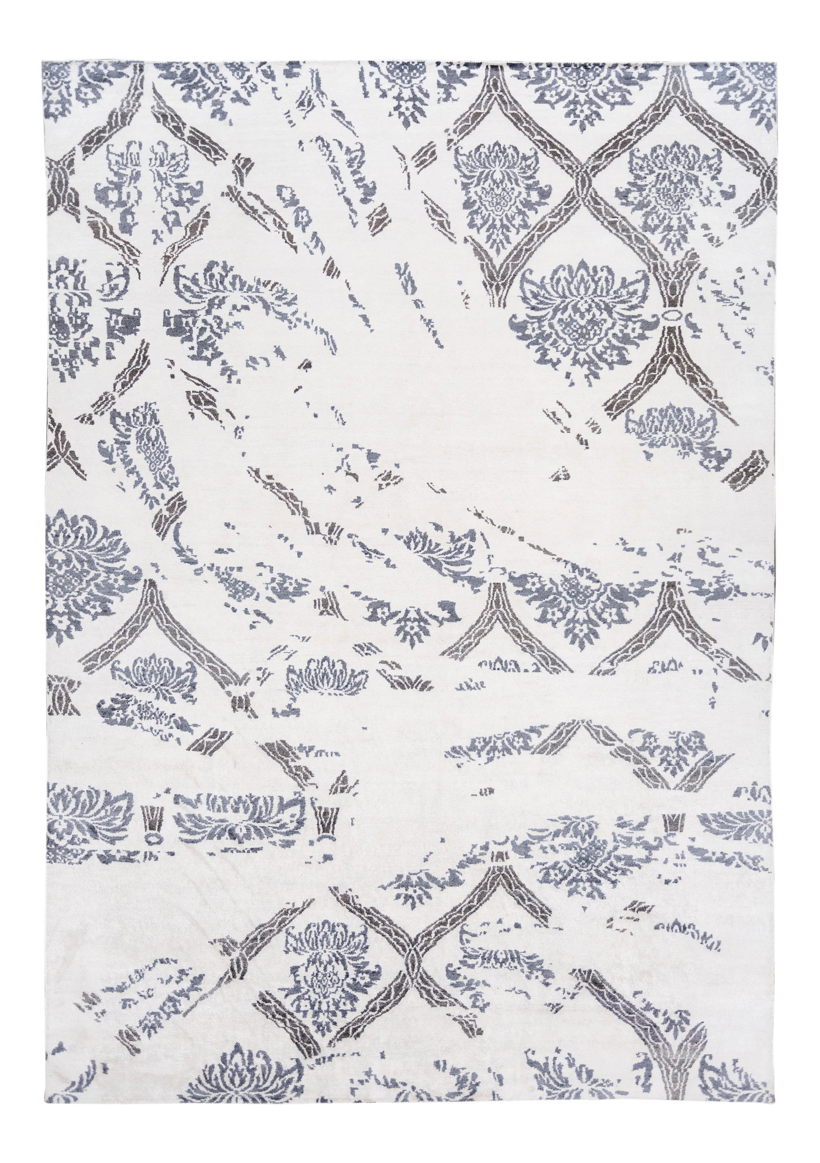 Modern Hand-Knotted Indian Silk Rug 9'10 x 14' 2018: Modern Hand-Knotted Indian Silk Rug 9'10 x 14' 2018 Enhance your space with this stunning modern hand-knotted Indian silk rug, featuring a pristine white field adorned with intricate grey geometric ac