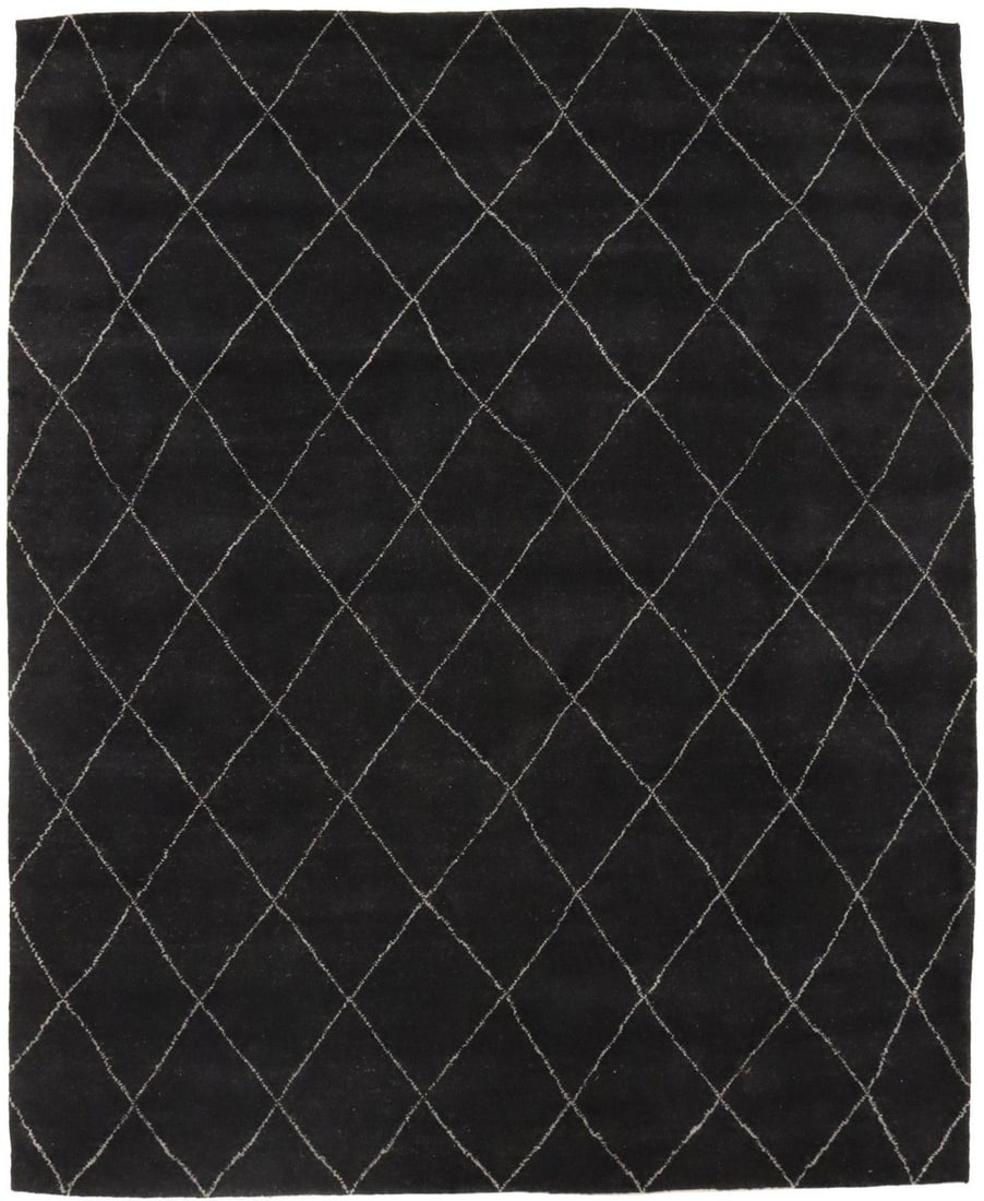 Handmade Geometric Wool Area Rug 8'1 x 9'11 Modern Moroccan Style: Handmade Geometric Wool Area Rug 8'1 x 9'11 Modern Moroccan Style This handmade Moroccan wool rug features a geometric design, crafted using traditional hand-knotted techniques. With its modern tribal