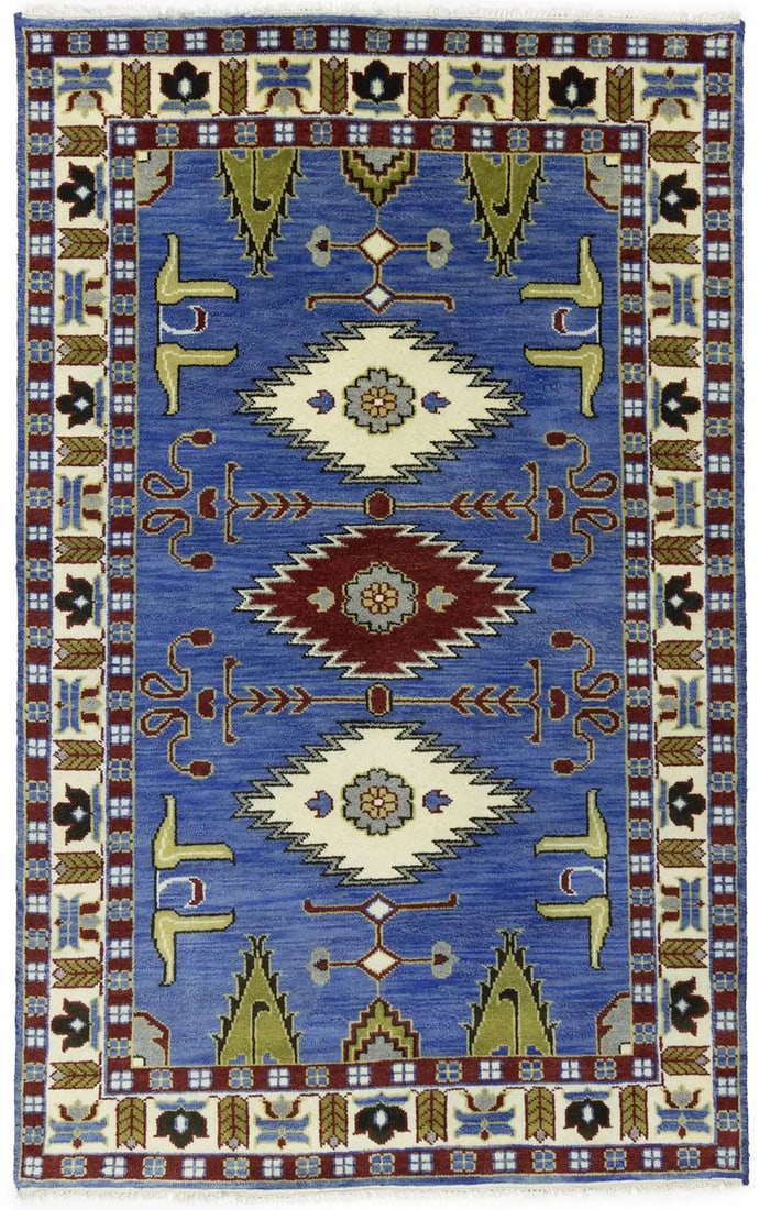 Handmade Kazak Oriental Rug 5x8 Blue Tribal Geometric Wool Area Rug: Handmade Kazak Oriental Rug 5x8 Blue Tribal Geometric Wool Area Rug Enhance your living space with this stunning 5'0" x 8'0" Handmade Kazak Oriental Rug, featuring a vibrant blue tribal geometric patt