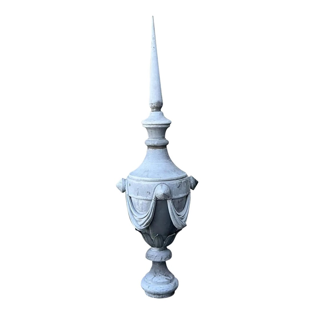 Neoclassical Zinc Spire Finial with Urn Motif and Draped Swag Design: Neoclassical Zinc Spire Finial with Urn Motif and Draped Swag Design This vintage architectural spire is crafted from durable zinc and features a neoclassical design with an urn-style midsection and d