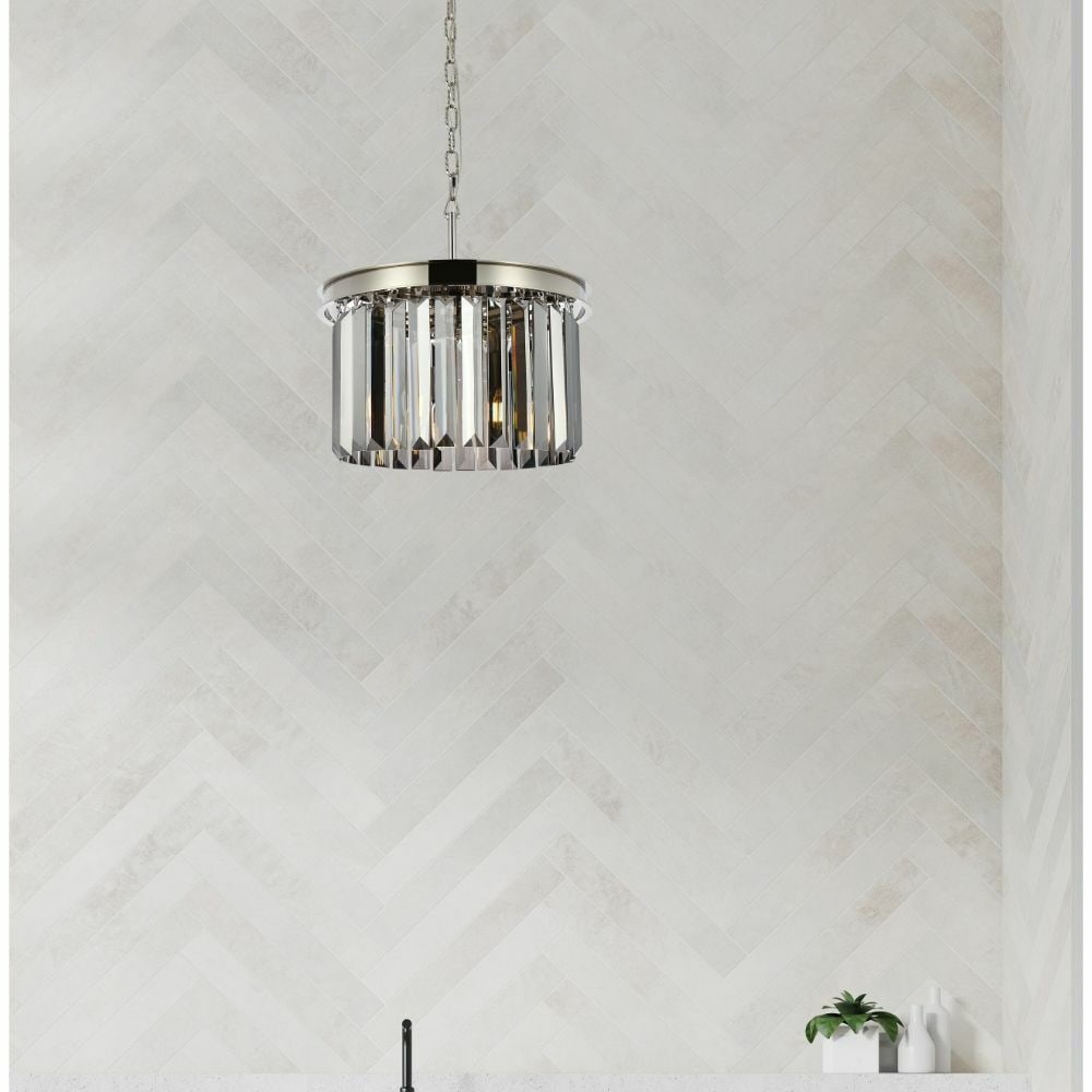 Lighting Sydney 3 Light Crystal Pendant Polished Nickel 16 in: Lighting Sydney 3 Light Crystal Pendant Polished Nickel 16 in Modern 3-light pendant chandelier with a polished nickel finish and silver shade crystals. It features a crystal, iron, and steel construc