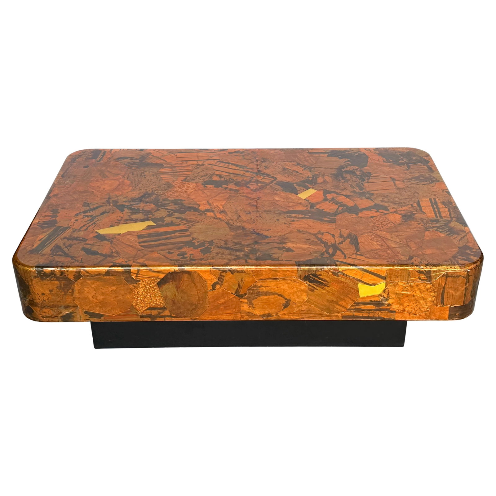 Mid-Century Modern Copper and Brass Inlay Coffee Table with Ebonized Wood Base: Mid-Century Modern Copper and Brass Inlay Coffee Table with Ebonized Wood Base This 1970s Organic Modern coffee table is a striking example of studio craft furniture, featuring a hand-applied copper i
