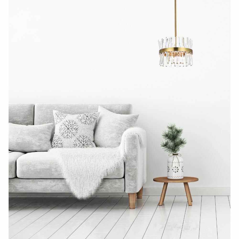Serephina 8-Light Crystal Pendant Satin Gold 16 in: Serephina 8-Light Crystal Pendant Satin Gold 16 in Modern 8-light chandelier with a satin gold finish and clear Royal Cut crystal accents. It is hardwired, dimmable, fire-rated, and height-adjustable,