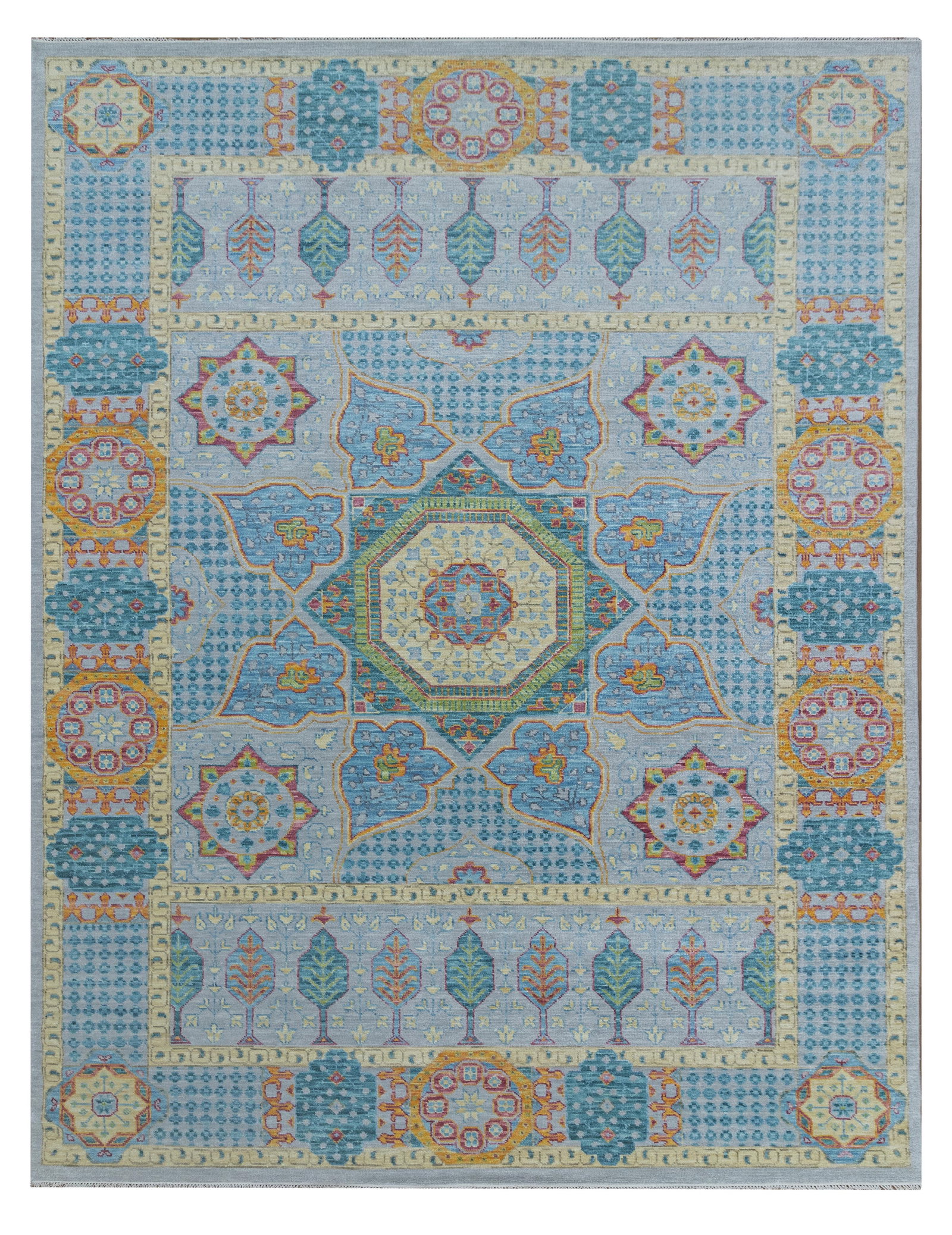 10.1 x 14.1 Turquoise Oushak Mamlook Handcrafted Wool Area Rug: 10.1 x 14.1 Turquoise Oushak Mamlook Handcrafted Wool Area Rug Free continental US Shipping Enhance your space with this stunning 10.1' x 14.1' Turquoise New Oushak Mamlook Rug, a perfect blend of tra