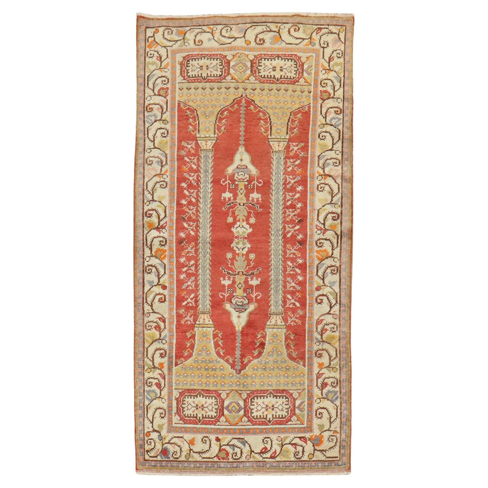 Zabihi Collection Vintage Turkish Prayer Rug Red Wool Hand-Knotted 39x73: Zabihi Collection Vintage Turkish Prayer Rug Red Wool Hand-Knotted 39x73 Discover the exquisite beauty of this Red Vintage Turkish Prayer Rug from the Zabihi Collection. Hand-knotted from high-quality