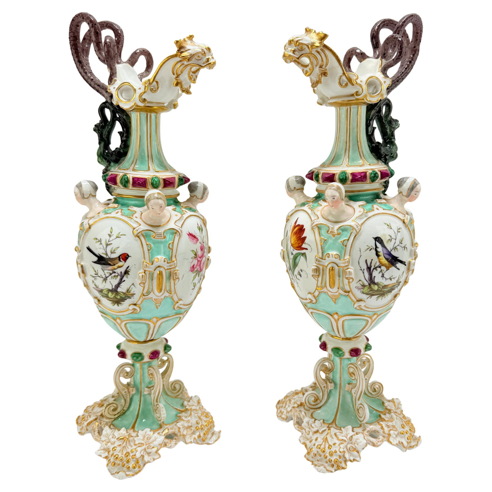 Pair of 19th Century Meissen Ornithological Ewers with Gilt Decoration: Pair of 19th Century Meissen Ornithological Ewers with Gilt Decoration Presenting a stunning pair of finely executed Meissen porcelain ewers, crafted in the mid-19th century, showcasing exquisite Roco