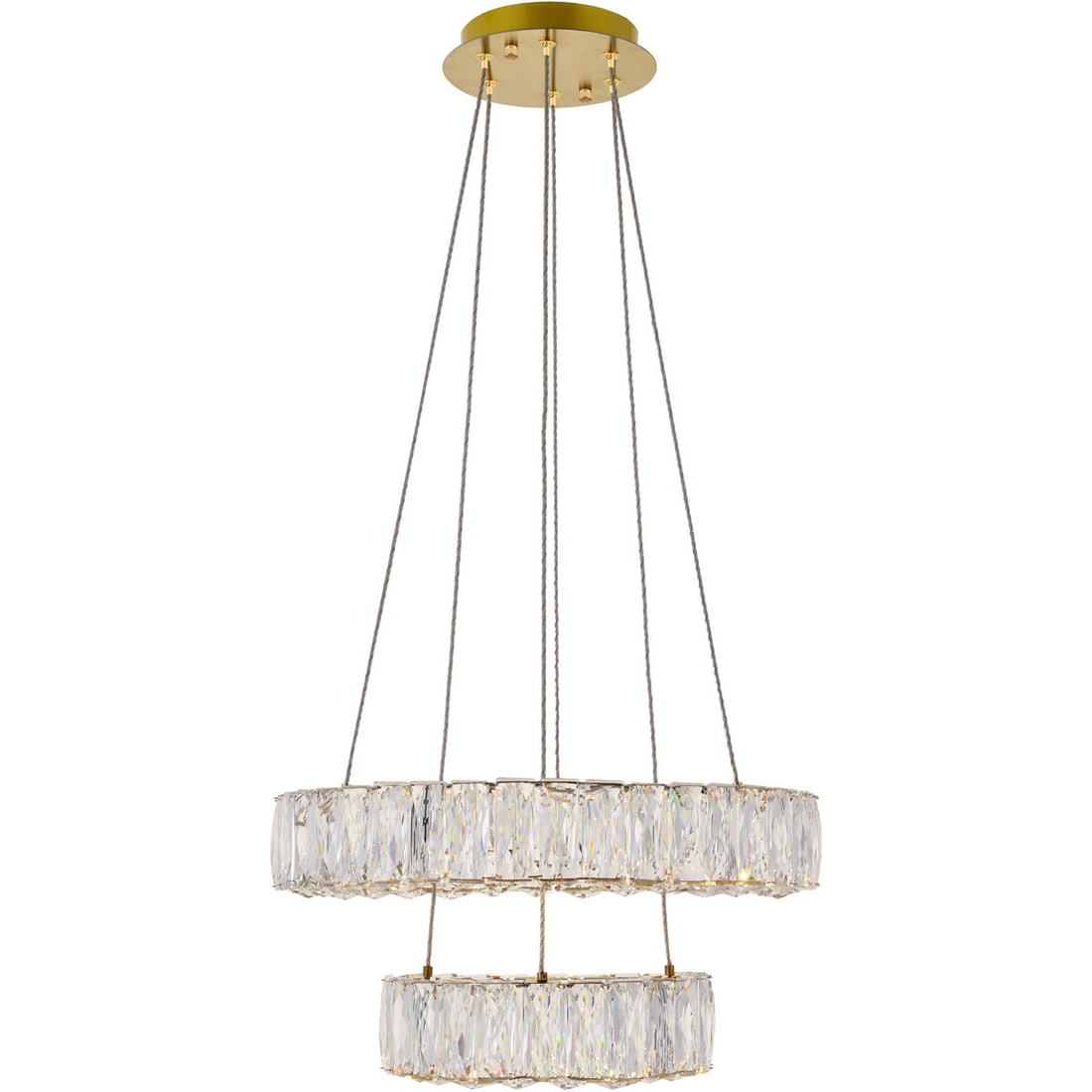 Monroe Goldish LED Crystal Chandelier by: Monroe Goldish LED Crystal Chandelier by This modern crystal chandelier features a minimal stainless steel frame with a gold finish, adorned with royal-cut clear crystals for a dazzling effect. Design