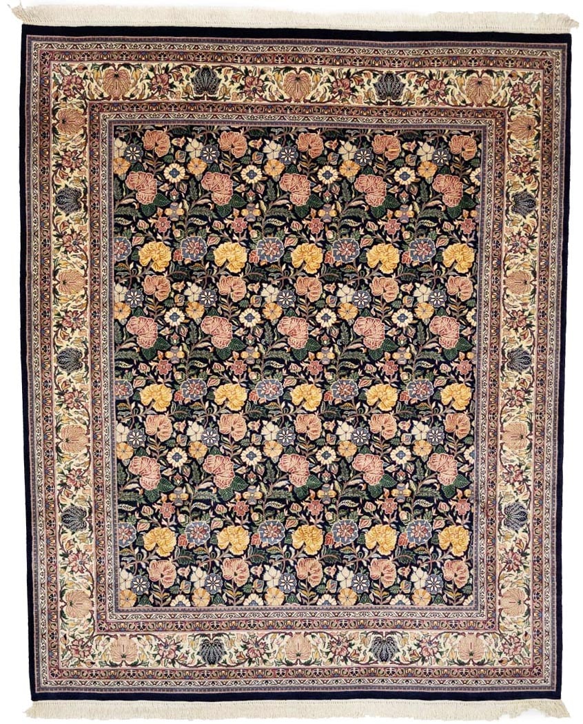 8'2 x 10'1 Wool Area Rug Hand-Knotted Modern Floral Pattern: 8'2 x 10'1 Wool Area Rug Hand-Knotted Modern Floral Pattern This hand-knotted Oriental area rug features a striking floral design in a rich palette of dark purple-navy, cream, red, blue, green, pink, 