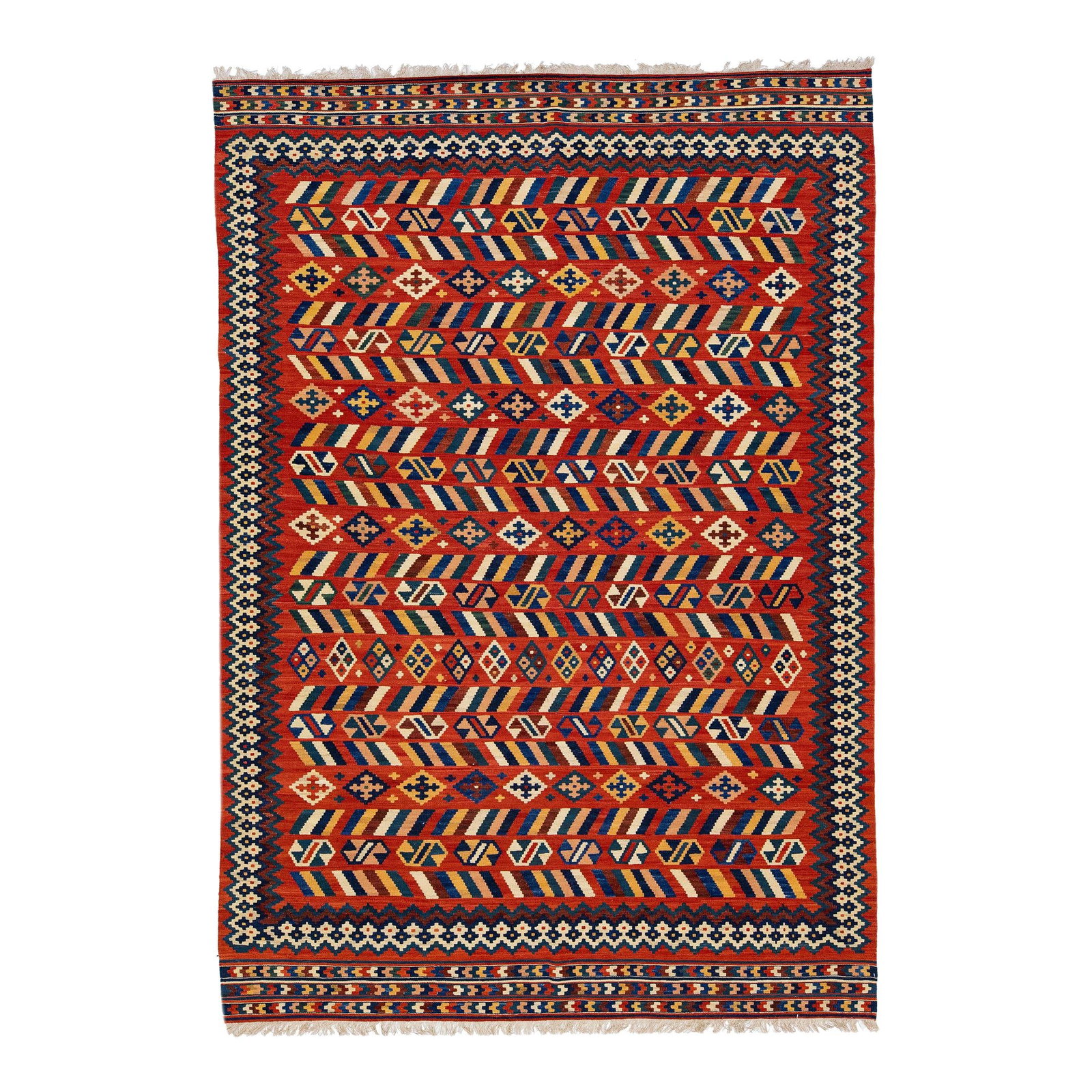 Vibrant Red Geometric Wool Kilim Rug 7' x 10'1: Vibrant Red Geometric Wool Kilim Rug 7' x 10'1 Discover the elegance of this Modern Kilim handmade wool rug, featuring a vibrant red field adorned with multicolor geometric accents. This exquisite pie