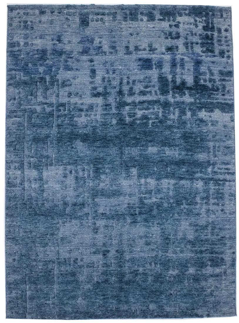 Hand-knotted Wool Area Rug Blue Modern Abstract Pattern 5'7 x 7'9: Hand-knotted Wool Area Rug Blue Modern Abstract Pattern 5'7 x 7'9 This handmade modern oriental area rug features a bas-relief abstract design in blue tones. Crafted from hand-knotted wool, it has a m