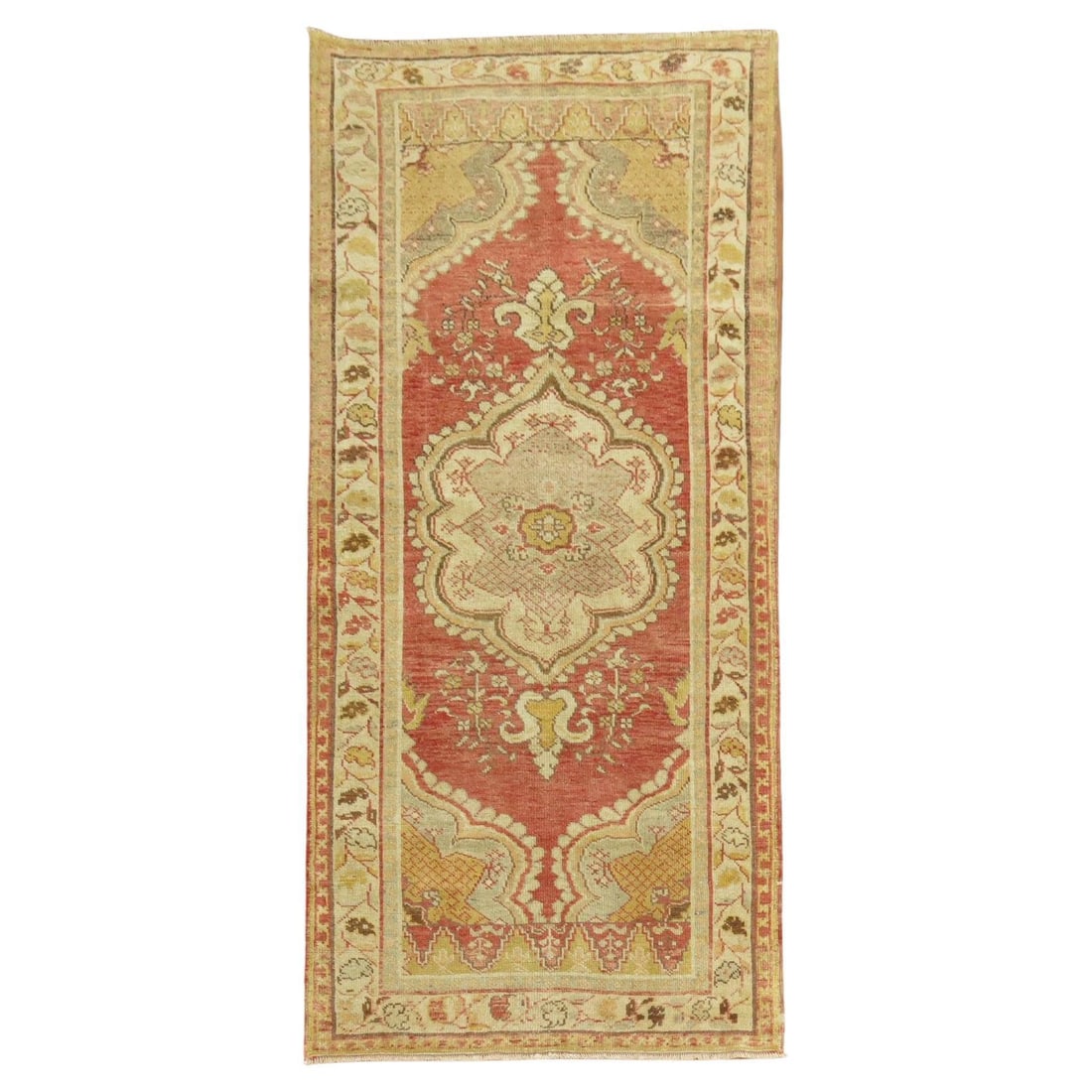 Vintage Turkish Oushak Wool Runner 38 x 78 in Red: Vintage Turkish Oushak Wool Runner 38 x 78 in Red Introducing a stunning soft red vintage Turkish small runner, perfect for adding a touch of traditional elegance to your space. This beautiful Oushak-