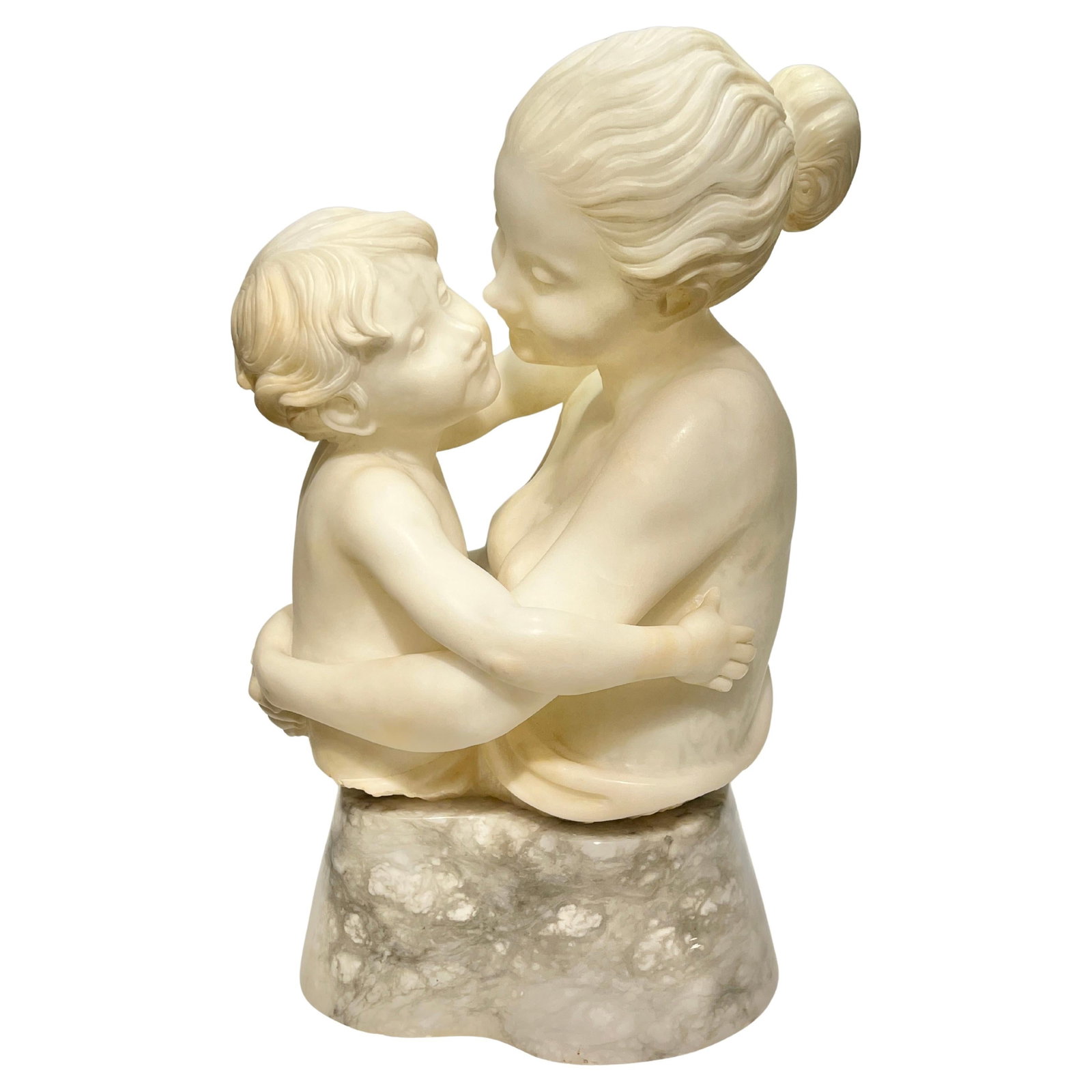 Italian Hand-Carved Alabaster Mother Child Sculpture Signed G Armani: Italian Hand-Carved Alabaster Mother Child Sculpture Signed G Armani This exceptional antique alabaster sculpture depicts a mother and child, expertly hand-carved in Italy during the 1930s. The bust i