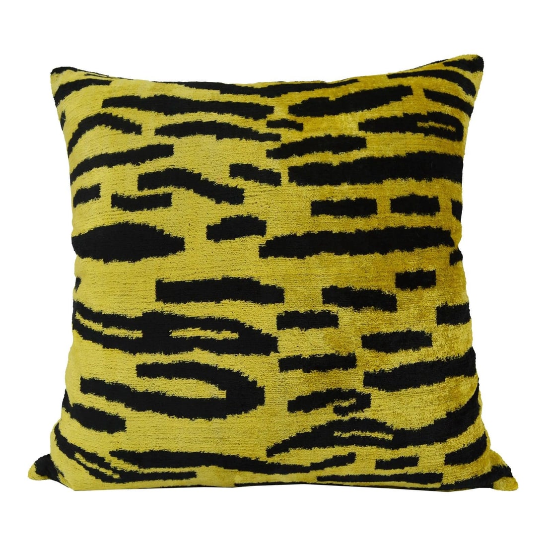Gold Silk Ikat Velvet Pillow With Linen Backing And Feather Insert: Gold Silk Ikat Velvet Pillow With Linen Backing And Feather Insert This hand made square pillow cushion features a Silk Uzbek Ikat velvet front, complemented by a natural linen backing and a hidden zi