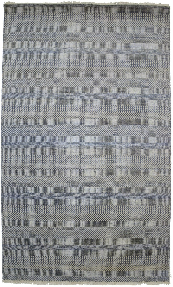 5'1 x 8'5 Wool Modern Grass Pattern Handmade Blue and Ivory Area Rug: 5'1 x 8'5 Wool Modern Grass Pattern Handmade Blue and Ivory Area Rug This handmade area rug features a modern grass-style pattern in blue and ivory tones, crafted in India using hand-knotted wool. Wit