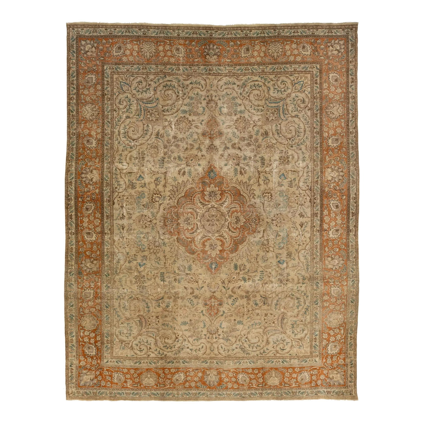 Antique Persian Tabriz Wool Rug 9'11 x 12'10 with Orange Accents: Antique Persian Tabriz Wool Rug 9'11 x 12'10 with Orange Accents This exquisite antique Persian Tabriz wool rug features a tan beige field adorned with vibrant orange accents throughout its intricate 