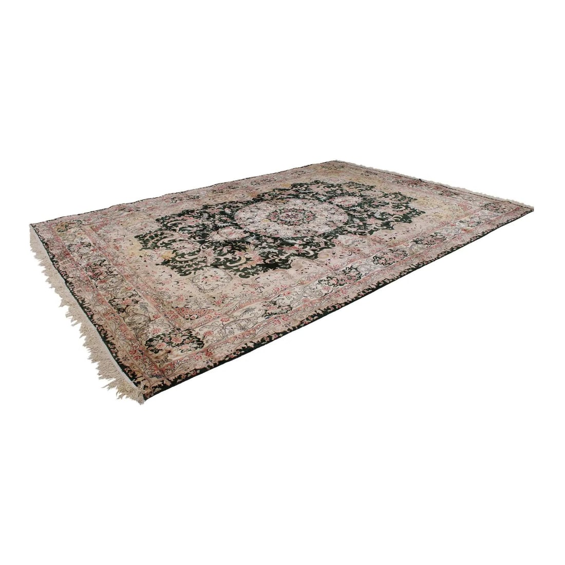 Hand Woven Silk Blend Oriental Rug 14 x 10 Green Multicolor: Hand Woven Silk Blend Oriental Rug 14 x 10 Green Multicolor This hand-woven oriental-style rug features a striking green and multicolor design crafted from a silk blend. With original fringe and a lar