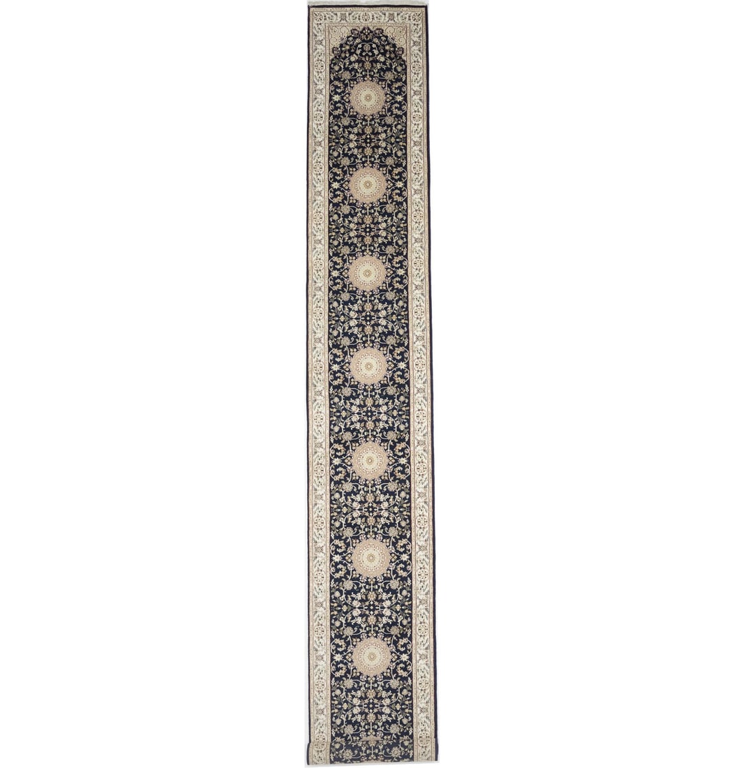 Hand Knotted Wool Silk Floral Runner 2'8 x 18'0: Hand Knotted Wool Silk Floral Runner 2'8 x 18'0 Enhance your living space with this stunning oversized runner, perfect for hallways, kitchens, or bedrooms. This floral oriental carpet features a beaut
