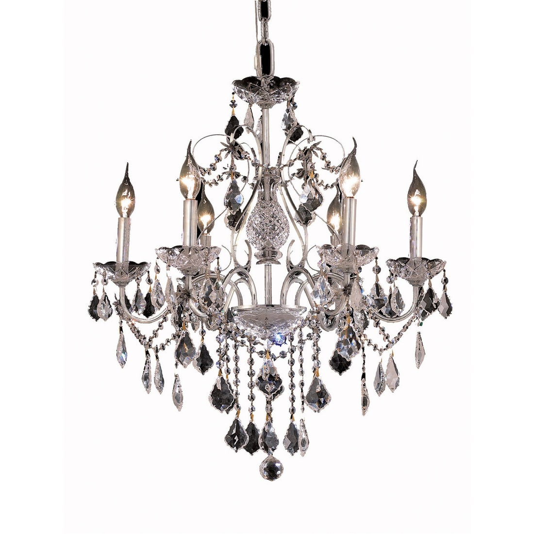 St. Francis 24 in Chrome Crystal 6-Light Pendant: St. Francis 24 in Chrome Crystal 6-Light Pendant Modern chrome chandelier pendant with clear crystal and glass details, designed in a French pendant style with a Venetian or shabby chic influence. It 