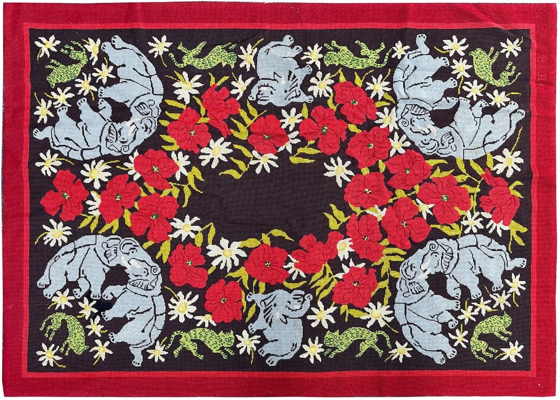 English wool tapestry 3x5 elephant floral needlepoint antique: English wool tapestry 3x5 elephant floral needlepoint antique Antique English needlepoint tapestry with an elephant and floral design, made in England and produced using weaving techniques. It is a re