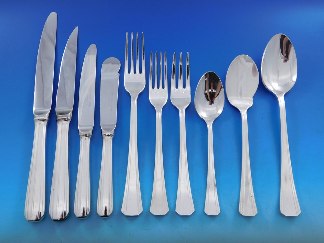 122 Piece Christofle Palme Silverplate Flatware Set for 12: 122 Piece Christofle Palme Silverplate Flatware Set for 12 This Christofle Palme silverplate flatware service is a 122-piece estate set for 12, presented in an Art Deco style. Made in France and in pr